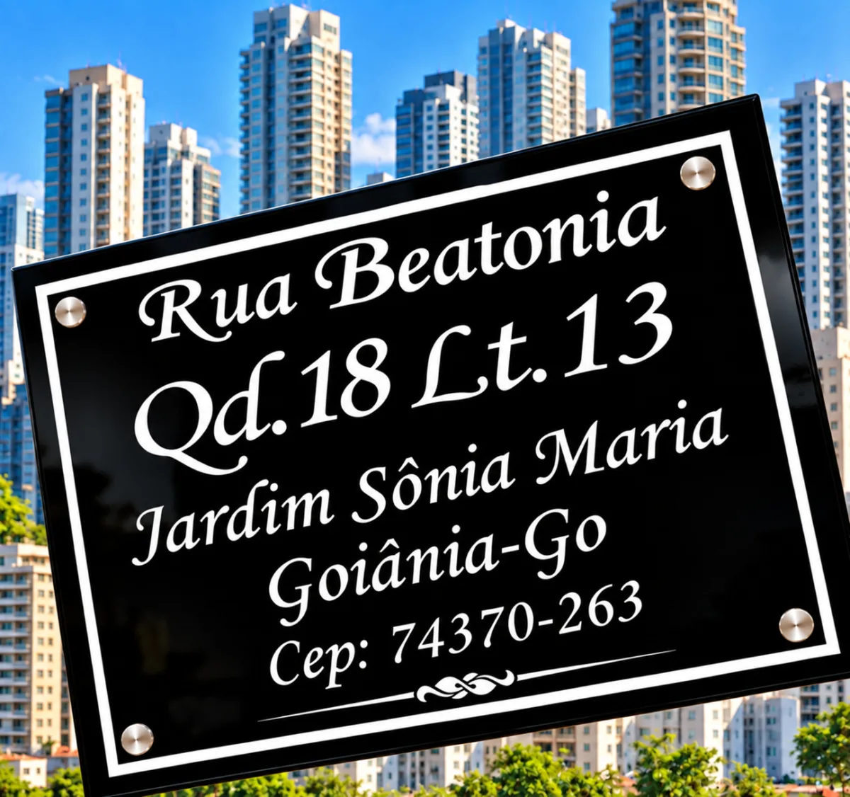 Placa de endereço residencial preta com letras douradas e ornamentos nos cantos